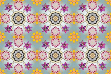 Renkli Bahar Temalı Kusursuz Arkaplan. Düz Çiçek Elementleri Tasarımı. Çiçeklerle kusursuz bir arka plan. Çocuk stili.