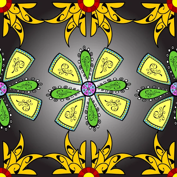 Flowers on yellow, gray and black colors. Floral pattern in doodle style with flowers. Gentle, cute floral background.