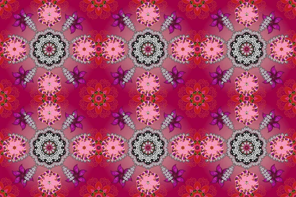Flat Flower Elements Design. Colour Spring Theme seamless pattern Background. Cute flowers pattern with purple, pink and orange colors. Raster Fashionable fabric pattern.