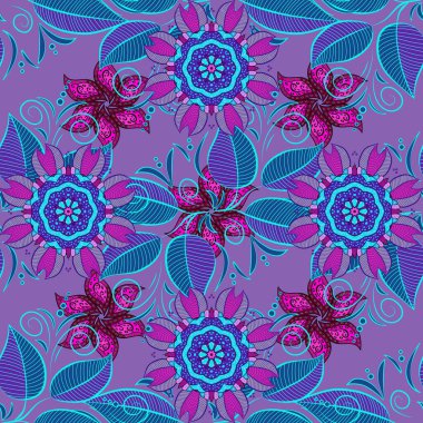 Renkli Bahar Temalı Kusursuz Arkaplan. Karalama çiçeği. Zentangle soyut çiçekleri. Vektör çizimi. Düz Çiçek Elementleri Tasarımı. Şirin kumaş deseni.