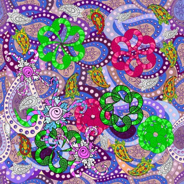 Modern stil dokusu. Çiçek deseni, yeşil, nötr ve mavi çizgi deseni soyut arkaplan.