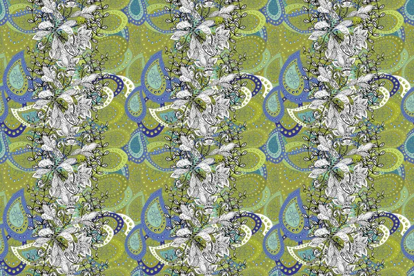 Raster pattern. White, blue and yellow hand drawn pattern. Doodle flowers seamless pattern. Art inspiwhite, blue and yellow style flowers and leaves background.