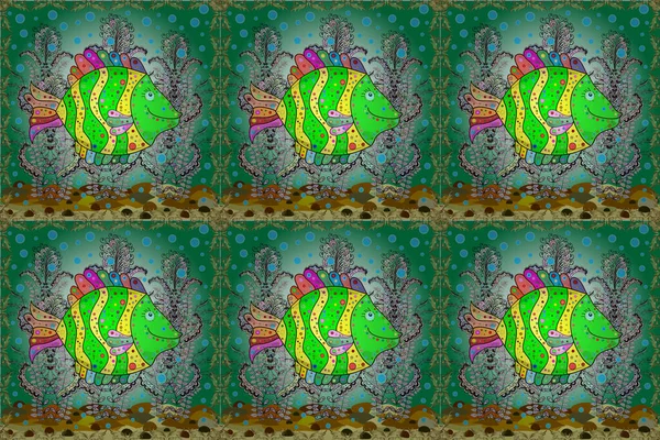 Притягнутий Риби Жовтому Нейтральному Зеленому Безшовний Стиль Рибних Каракулів Растрова — стокове фото
