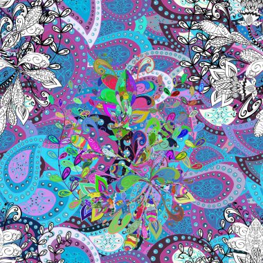 Düz Çiçek Elementleri Tasarım Vektörü illüstrasyonu. Mor, mavi ve beyaz renkte çiçekler. Renkli Bahar Temalı, pürüzsüz bir arka plan. Çiçekli, suluboya desenli kusursuz çiçek deseni.