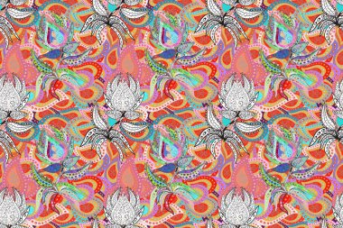 Modaya uygun kumaş deseni. Düz Çiçek Elementleri Tasarımı. Sevimli çiçek raster deseni. Renkli Yaz Temalı Kusursuz Arkaplan.