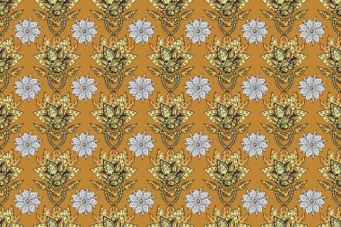 Paisleys zarif çiçek desenli arkaplan duvar kâğıdı çizimi. Güzel, modaya uygun, modern, üç boyutlu sanat eseri. Altın, turuncu, gri ve sarı desenli çiçek yaprakları, süsler..