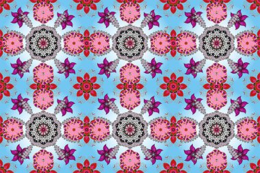 Mavi, nötr ve turuncu renklerde parlak çiçekli halı deseni.