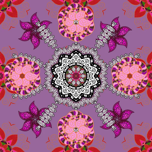 Flowers on white, purple and orange colors. Cute flower vector pattern. Colour Spring Theme seamless pattern Background. Flat Flower Elements Design.