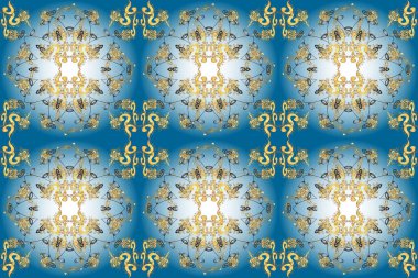 Altın antika ortaçağ dekoratifi, yapraklar ve kahverengi, nötr ve mavi renklerde altın desenli süslemeler. Kusursuz kraliyet lüksü, altın barok kumaş rengi..