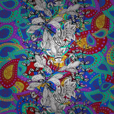 Halk tarzı. Moda baskıları için zarif bir şablon. Modern çiçek arkaplanı. Parlak renkli çiçekleri ve yaprakları mavi, beyaz ve yeşil renklerde inanılmaz kusursuz çiçek desenleri var..