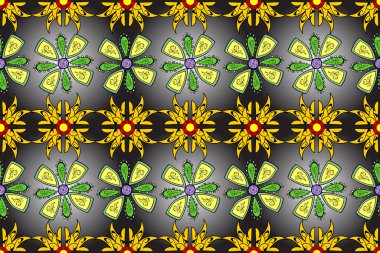Çiçeksel elementlerle süslenmiş zarif raster dokusu. Küçük çiçekte hoş bir çiçek deseni var. Gri, siyah ve sarı renkli, parlak çiçekli, soyut, pürüzsüz desen.