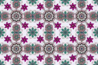 Çokmavi, nötr ve gri zarif küçük çiçekler ve mavi, nötr ve gri renkli komik böcekler, raster desen, illüstrasyon.