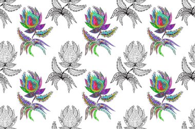 Asya tekstil tarzında. Çiçekler beyaz, gri ve yeşil renklerde. Renkli Bahar Temalı Kusursuz Arkaplan. Raster illüstrasyonu. Kusursuz çiçek deseni. Düz Çiçek Elementleri Tasarımı.