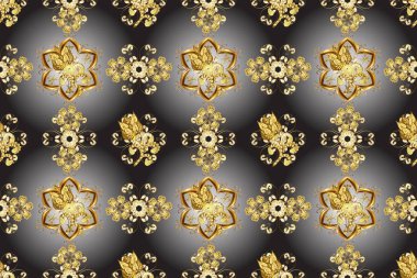 Paisley 'ler zarif çiçeksiz arka plan duvar kâğıdı çizimleri. Güzel, modaya uygun, modern, üç boyutlu sanat eseri, altın, kahverengi, sarı ve gri desenli çiçek yaprakları ve süslemeleri var..