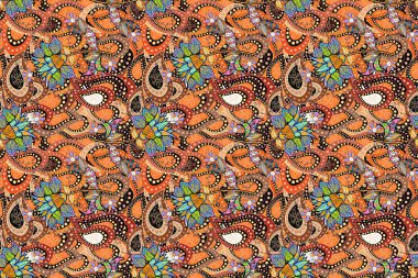 Turuncu, bej ve siyah renkte çiçekler. Renkli Bahar Temalı, pürüzsüz bir arka plan. Çiçekli, suluboya desenli kusursuz çiçek deseni. Düz Çiçek Elementleri Tasarım Raster illüstrasyonu.