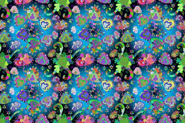 Brillantes Flores Collage Floral Azul Verde Negro Increíble Collage Estilo — Foto de Stock