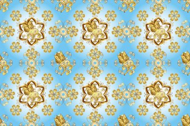 Sarı, mavi ve altın elementli nötr renklerde kusursuz klasik desen. Noel, kar tanesi, yeni yıl 2019.