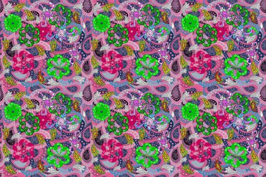 Moda baskıları için zarif bir şablon. Modern çiçek arkaplanı. Pembe, mavi ve yeşil renklerde yapraklar ve parlak renkli çiçeklerle şaşırtıcı, pürüzsüz çiçek deseni. Halk stili.