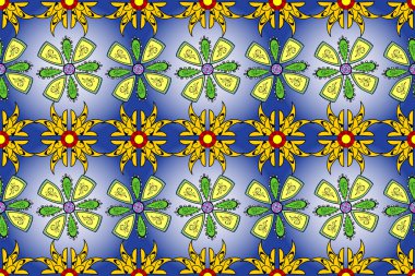 Raster illüstrasyonunda kusursuz çiçek deseni. Mavi, siyah ve sarı renkte çiçekler.