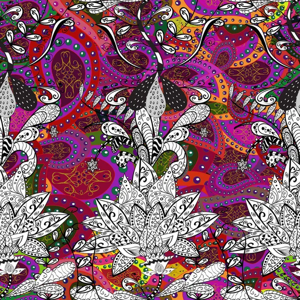Blumenmuster Doodle Stil Mit Blumen Blüten Violetten Schwarzen Und Weißen — Stockfoto