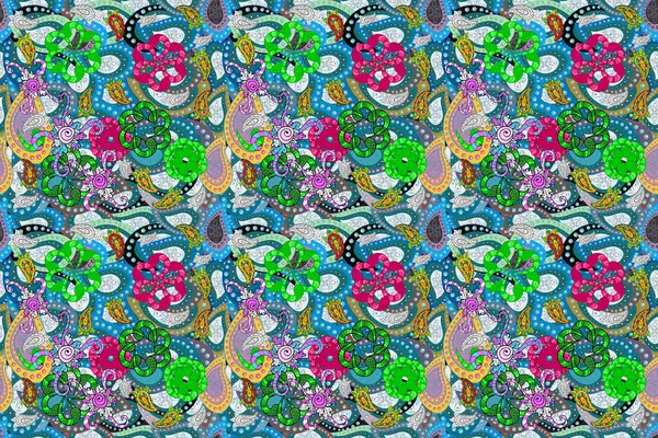 Kwiaty Kolor Zielony Beżowy Niebieski Tkanina Wzór Tekstury Stokrotka Kwiaty — Zdjęcie stockowe