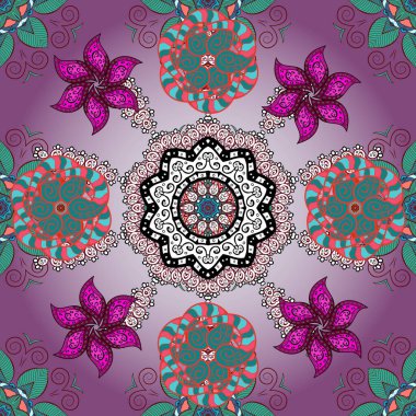 Parlak renkli çiçekleri ve mor, mavi ve nötr renklerinde yaprakları olan şaşırtıcı, pürüzsüz çiçek deseni. Moda baskıları için zarif bir şablon. Halk tarzı. Modern çiçek arkaplanı.