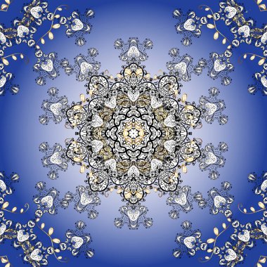 Bohem dekoratif unsur, Hint kınası tasarımı, vektör retro çember süsü. Mandala, kabile eskizi, üzerinde mavi beyaz bir madalyon var. Tibet yogası için soyut sanat çiçekli desen