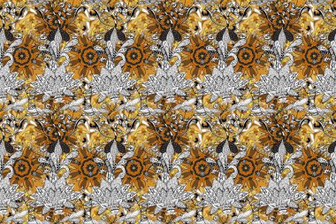 Şirin çiçekli ve sarı, siyah ve beyaz renklerde yaprakları olan kusursuz desenler, suluboya çiçek desenleri, duvar kağıdı, kart veya kumaş için fayanslı. Raster illüstrasyonu.