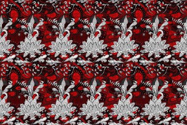 Millefleur 'lar. Tekstil, kumaş, kapaklar, duvar kağıtları, baskı, yapıştırma, yapıştırma kitabı, dekupaj için çiçeksiz bir arka plan. Küçük beyaz, siyah ve kırmızı çiçekli oldukça kaliteli besin torbası deseni.