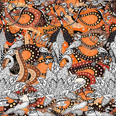 Vektör - stok. Kusursuz bir arka plan modeli. Yapraklı çiçekler ve kır çiçekli papatya çiçekleri, beyaz ve siyah renkler.