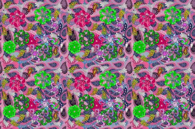 Sevimli çiçek raster deseni. Düz Çiçek Elementleri Tasarımı. Renkli Yaz Temalı Kusursuz Arkaplan. Yeşil, mor ve pembe renkte çiçekler.