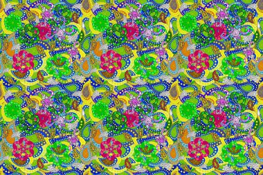 Çiçekli el, pürüzsüz desen çizmiş. Modern gösterişli mavi, yeşil ve sarı raster arka plan duvar kağıdı resimli klasik çizgi çizgisi desenli desenli çiçekler, çiçekli süsler.