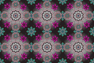 Gri, mavi ve kırmızı renklerde etnik çiçeklerle kusursuz bir desen. Raster Çiçek İllüstrasyon Şirin Tekstil.