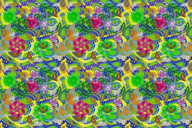 Çiçekli el, pürüzsüz desen çizmiş. Modern gösterişli mavi, yeşil ve sarı raster arka plan duvar kağıdı resimli klasik çizgi çizgisi desenli desenli çiçekler, çiçekli süsler.