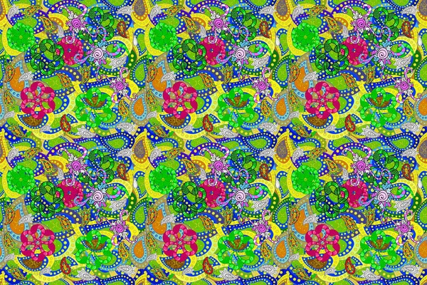 Bloemenhand Getekend Naadloos Patroon Moderne Bloeiende Blauwe Groene Gele Raster — Stockfoto