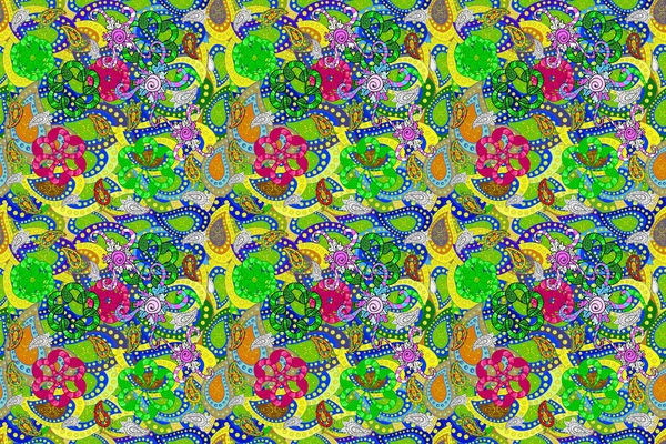 Florales Handgezeichnetes Nahtloses Muster Moderne Blühen Blau Grün Und Gelb — Stockfoto