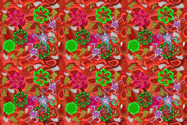 Buntes Nahtloses Muster Mit Niedlichen Blumen Paisley Roten Orangen Und — Stockfoto