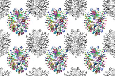 Güzel çiçekli kusursuz desen ve siyah, beyaz ve gri renkli yapraklar, suluboya çiçekli desen, duvar kağıdı, kart ya da kumaş için fayanslı. Raster illüstrasyonu.