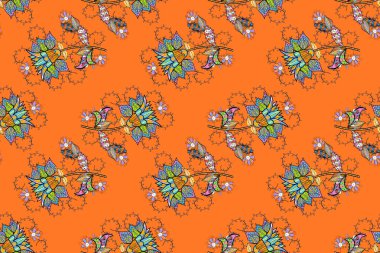 Raster suluboya çiçek deseni, narin çiçekler, turuncu, mavi ve siyah çiçekler, tebrik kartı şablonu. Güzel kumaş deseni.