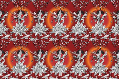 Çok beyaz, turuncu ve kırmızı zarif küçük çiçekler ve beyaz, turuncu ve kırmızı renkte komik böcekler, raster desen, illüstrasyon.