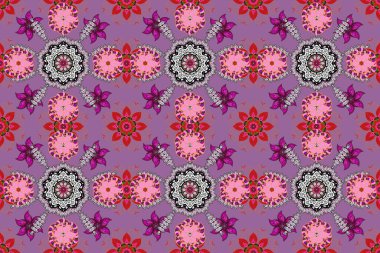 Sevimli çiçek raster deseni. Beyaz, mor ve turuncu renkli çiçekler. Düz Çiçek Elementleri Tasarımı. Renkli Bahar Teması Kusursuz Arkaplan.