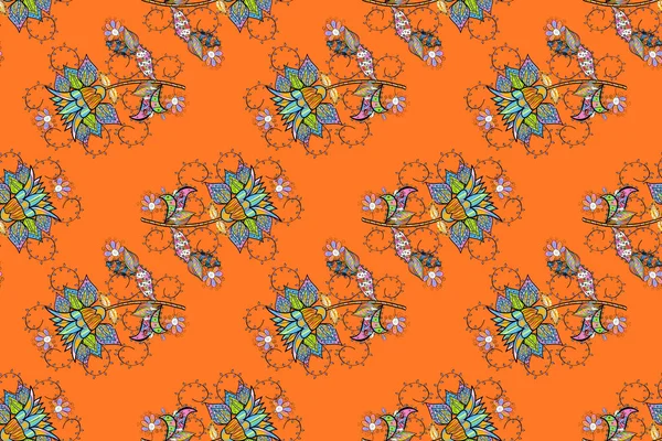 Растровый Акварель Цветочный Узор Нежные Цветы Оранжевый Синий Черный Цветы — стоковое фото