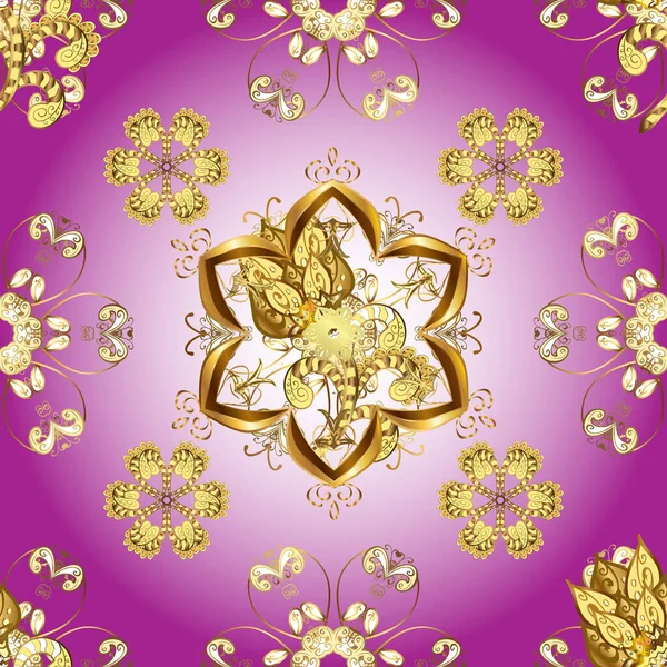 古典的なベクトル黄金のパターン 花の装飾錦のテキスタイルパターン ガラス バイオレット上の花のパターンを持つ金属 黄金の要素を持つ中性と紫の色 — ストックベクタ