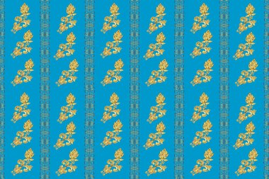 Geleneksel, etnik, Türk, Hint motifleri. Kumaş ve tekstil için harika, duvar kağıdı, ambalaj ya da her istenen fikir için. Raster tasarımı. Eski model. Mavi, sarı ve kahverengi süslemeli, çiçeksiz desenli.