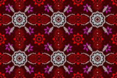 Moda baskıları için zarif bir şablon. Modern çiçek arkaplanı. Parlak renkli çiçek desenleri ve kahverengi, kırmızı ve beyaz yapraklarla şaşırtıcı, pürüzsüz bir çiçek deseni. Halk stili.