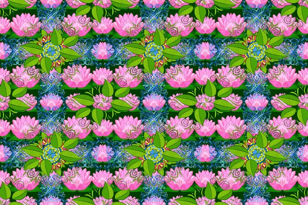 stock image Raster seamless cute flower pattern. Spring summer time. Gentle romantic print. Flowers on blue, green and pink colors. Holidays mood.