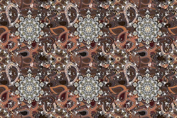 Raster floral pattern in doodle style with flowers. Flowers on brown, gray and white colors. Gentle, cute floral background.