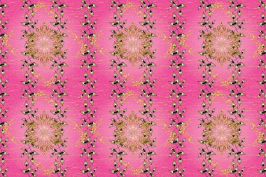 Süslü dekorasyon. Damask altın soyut çiçek, nötr, pembe ve sarı renklerde kusursuz desen. Raster illüstrasyonu.