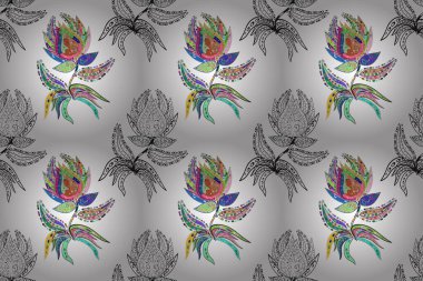 Düz Çiçek Elementleri Tasarımı. Beyaz, nötr ve gri renkte çiçekler. Renkli Yaz Temalı Kusursuz Arkaplan. Raster illüstrasyonunda kusursuz çiçek deseni.