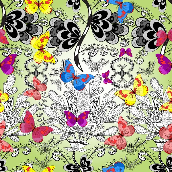 Naadloze Abstracte Bloemenachtergrond Met Vlinders Eindeloos Schets Krabbel Krabbel Modestof — Stockfoto
